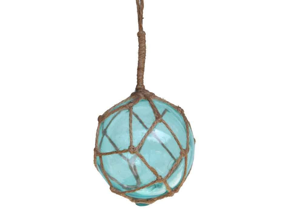 DRH Blue Japanese Fishing Glass Buoy with Metal Coil Wrap - Glass Float Ball  - Bright Nautical Decor 
