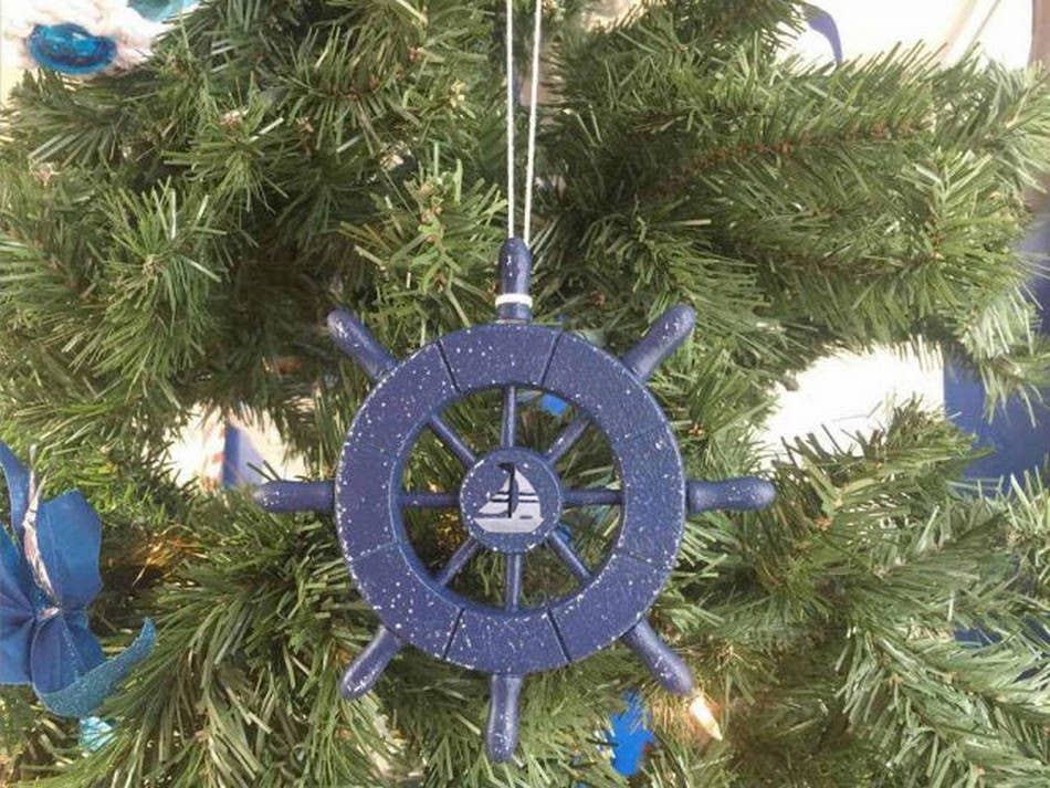 Rustic Dark Blue Ship Wheel With Sailboat Christmas Ornament