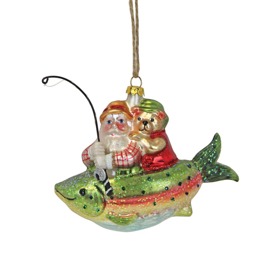 Christmas Mercury Glass Santa On Fish Ornament