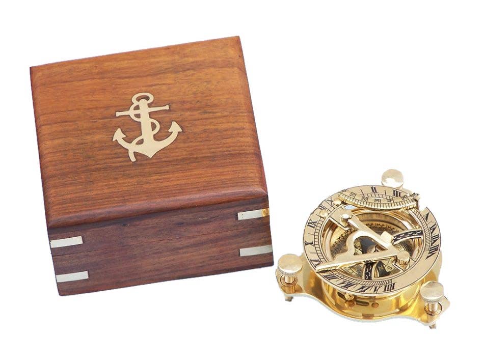 Solid Brass Captain's Triangle Sundial Compass w/ Rosewood Box 3"